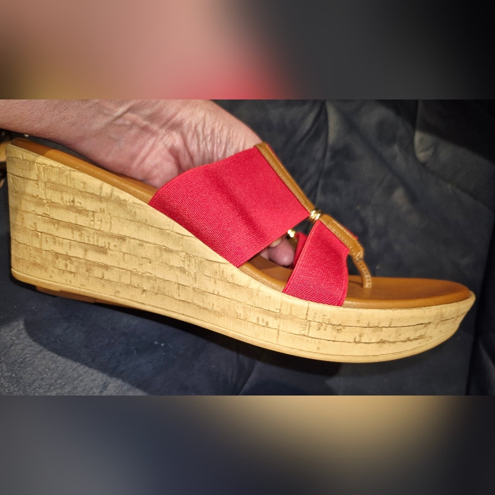 Italian Shoemakers Red and Tan Wedges with Cork Heel